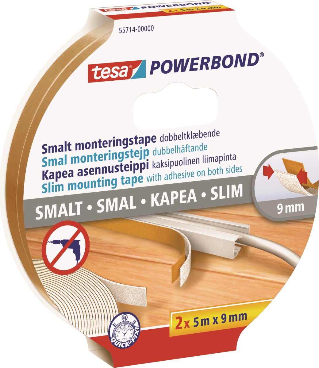 tesa Powerbond Slim Monteringstape, 2x9 mm x 5m