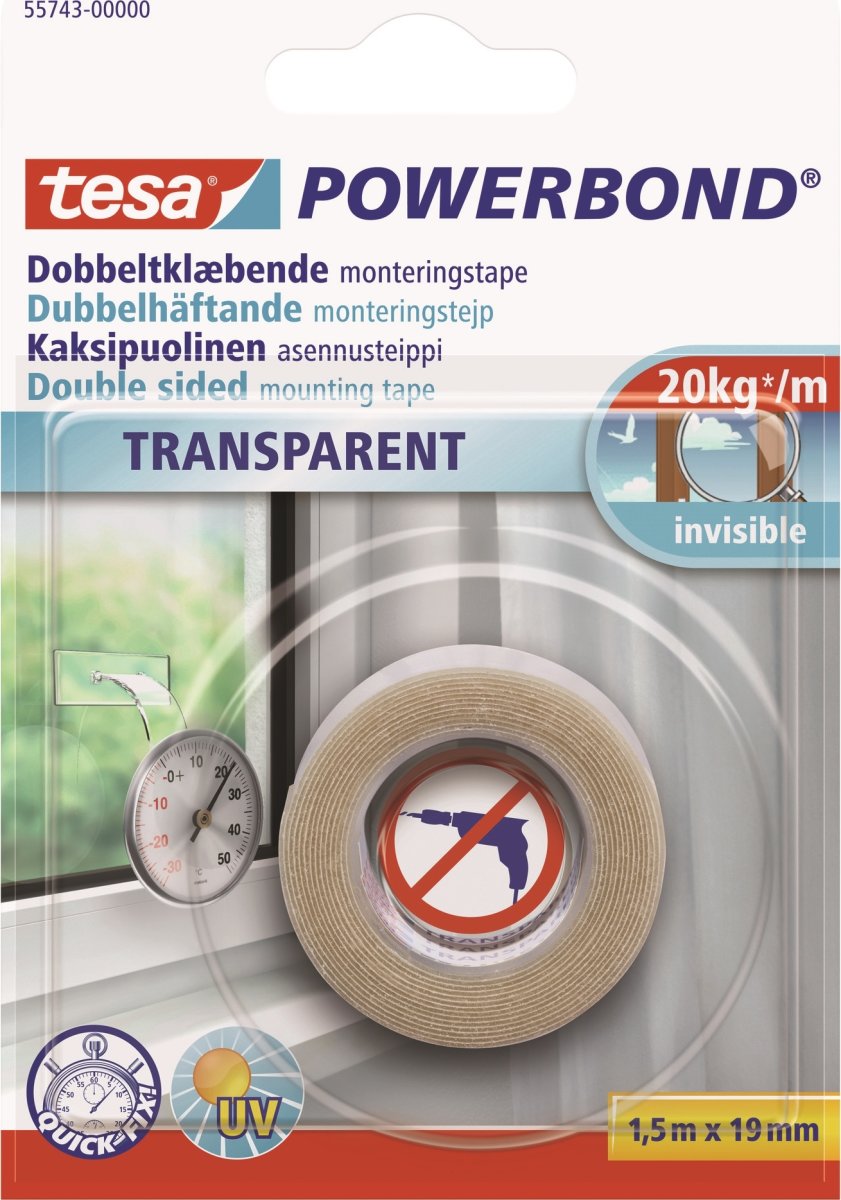 tesa Powerbond Trans. Monteringstape, 19mm x 1,5m