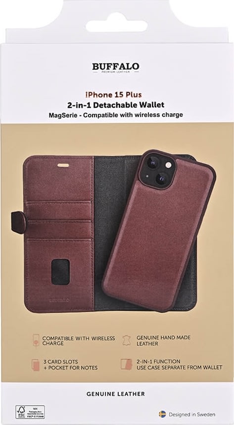 Buffalo 2-i-1 kortholder iPhone 15 Plus, brun