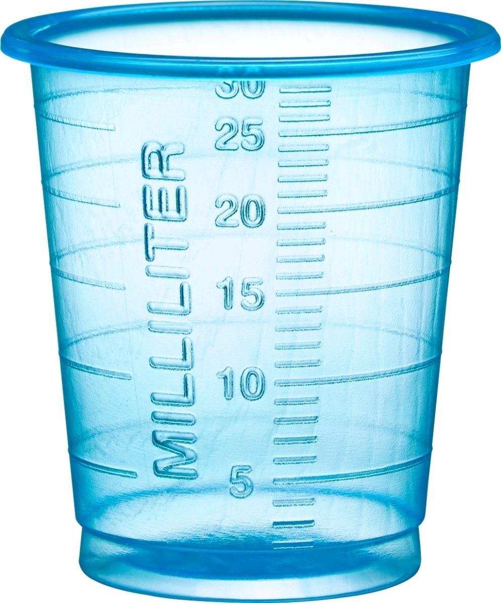 Medicinbæger m/graduering 30 ml, Ø3,8 cm, blå