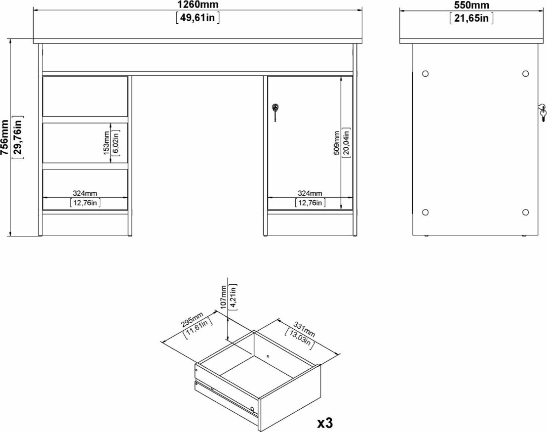 Small Officeline skrivebord, 1 skab/3 skuffer, eg
