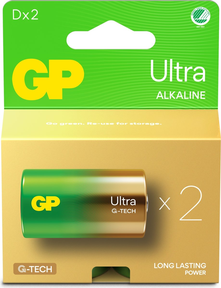 GP Ultra Alkaline D batteri, 13AU/LR20, 2-pak