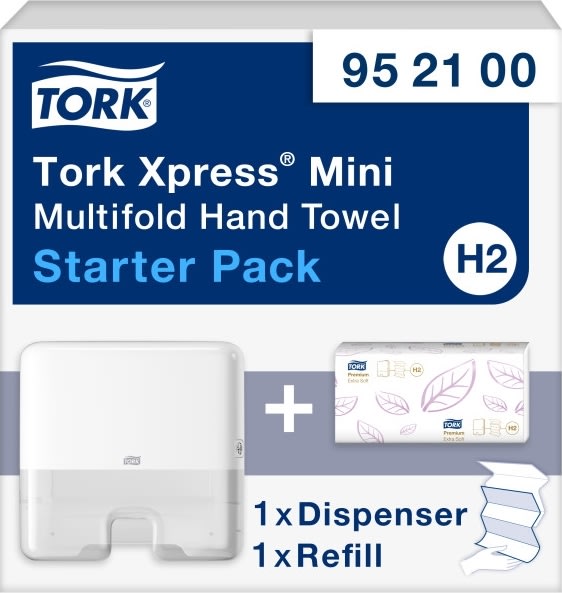 Tork H2 Startpakke Dispenser & Håndklædeark, Hvid