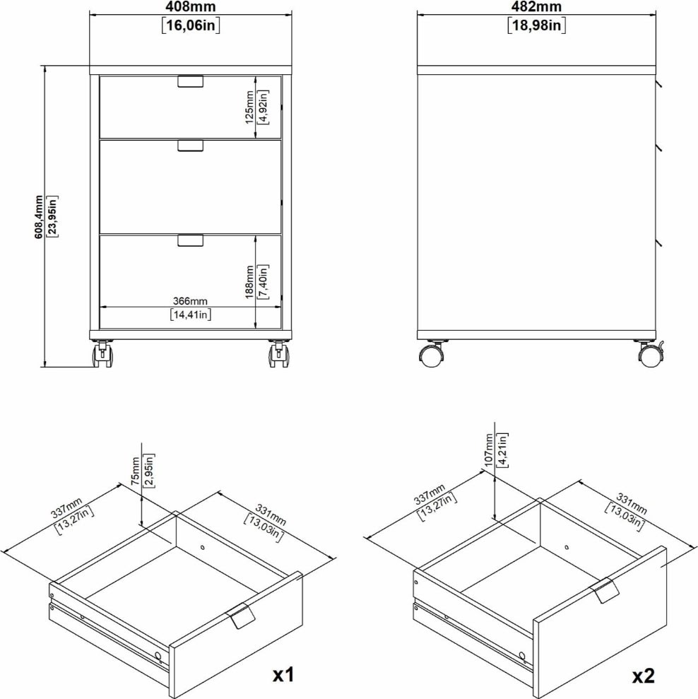 Small Officeline kassette, 3 skuffer, eg/sort