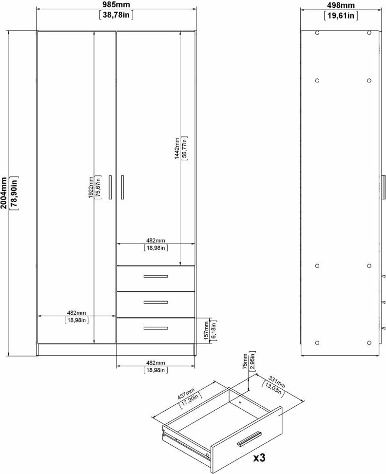 Coreline garderobeskab m. 2 døre/3 skuf., mat grå