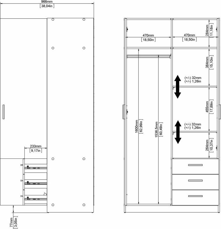Coreline garderobeskab m. 2 døre/3 skuf., mat grå