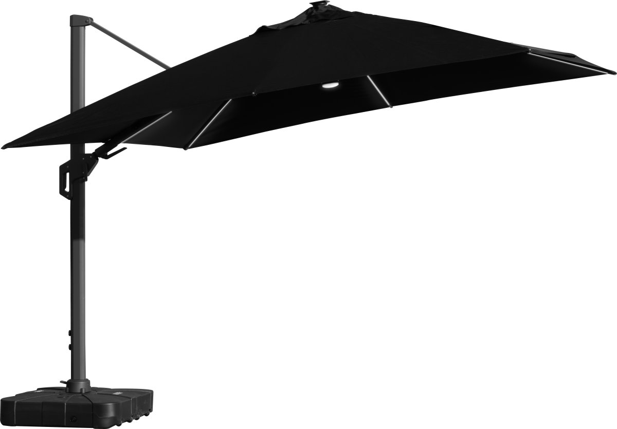 Hængeparasol 3,5x3,5m,fod,m/hjul,overtræk,LED,sort