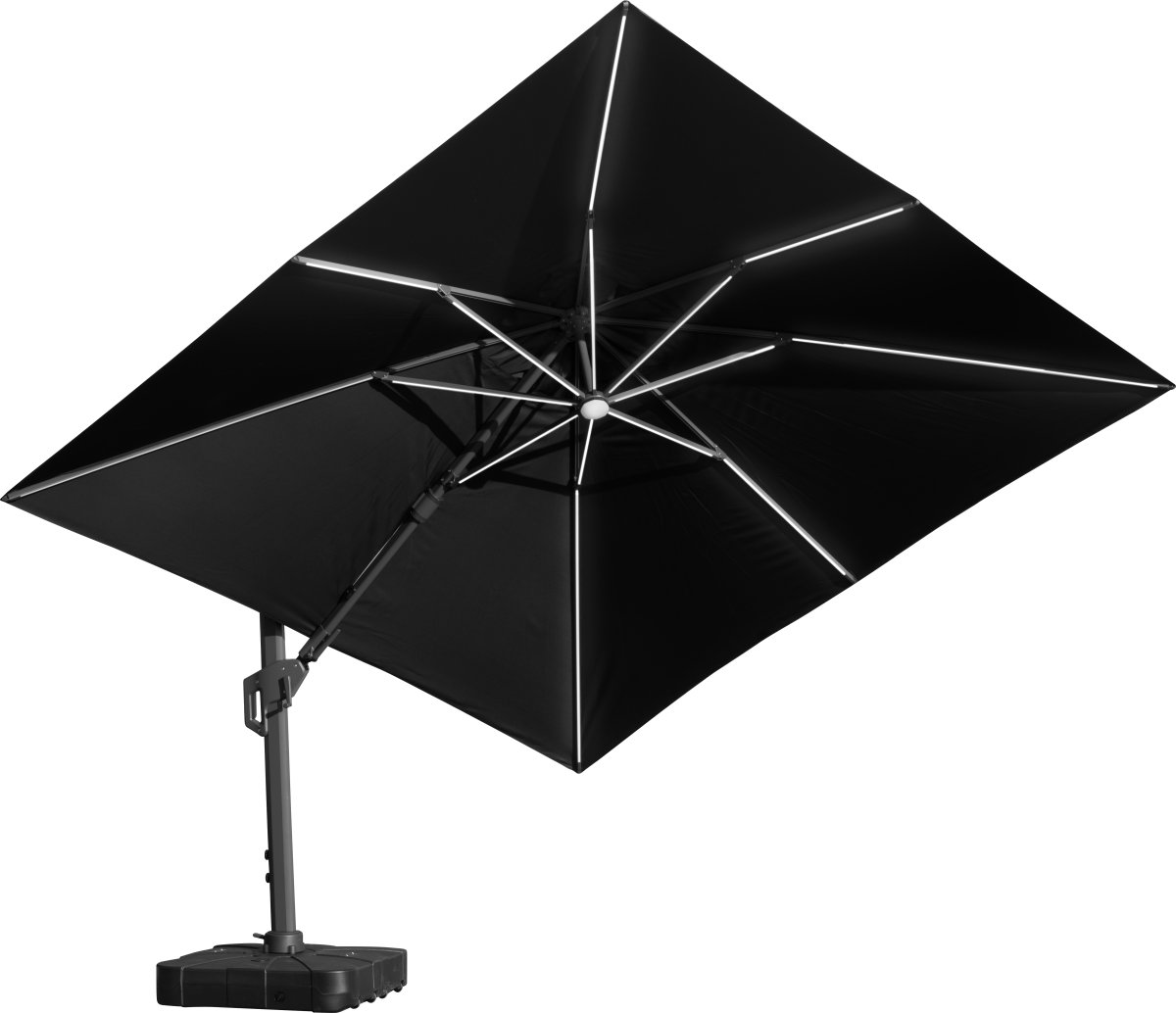 Hængeparasol 3,5x3,5m,fod,m/hjul,overtræk,LED,sort