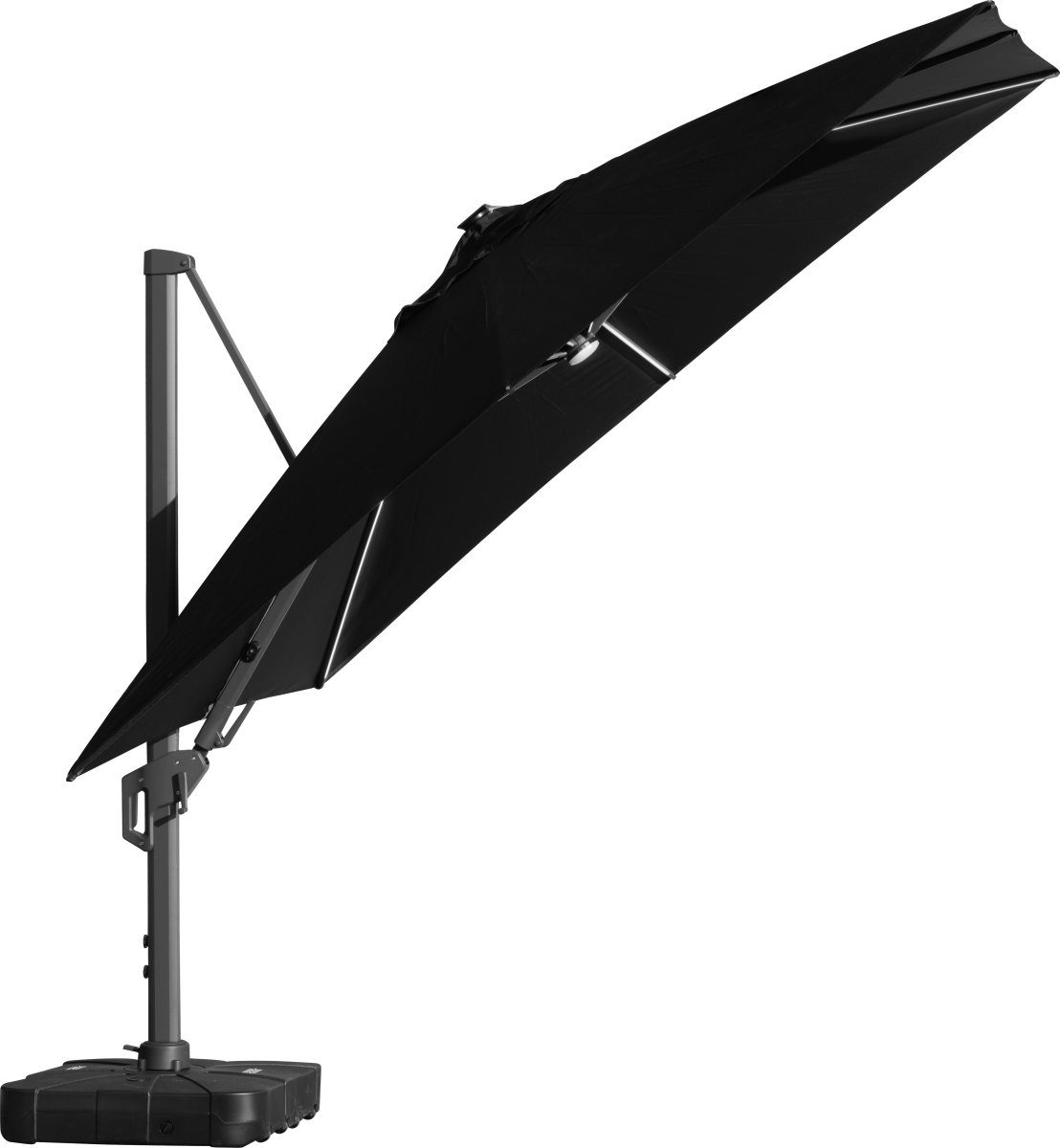 Hængeparasol 3,5x3,5m,fod,m/hjul,overtræk,LED,sort