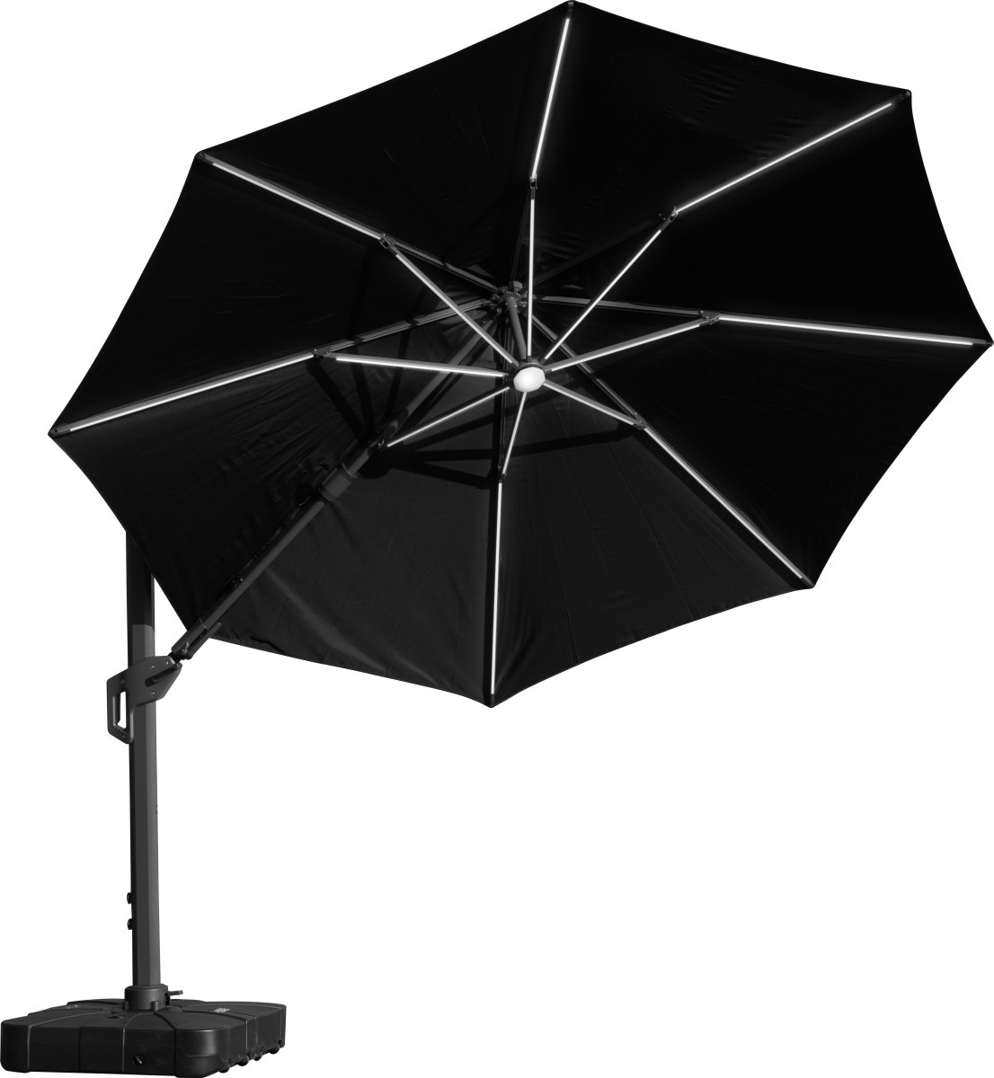 Hængeparasol Ø3,5m m/fod m/hjul+overtræk+LED, sort