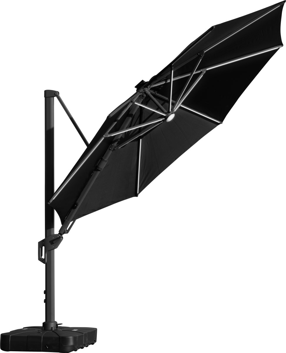 Hængeparasol Ø3,5m m/fod m/hjul+overtræk+LED, sort