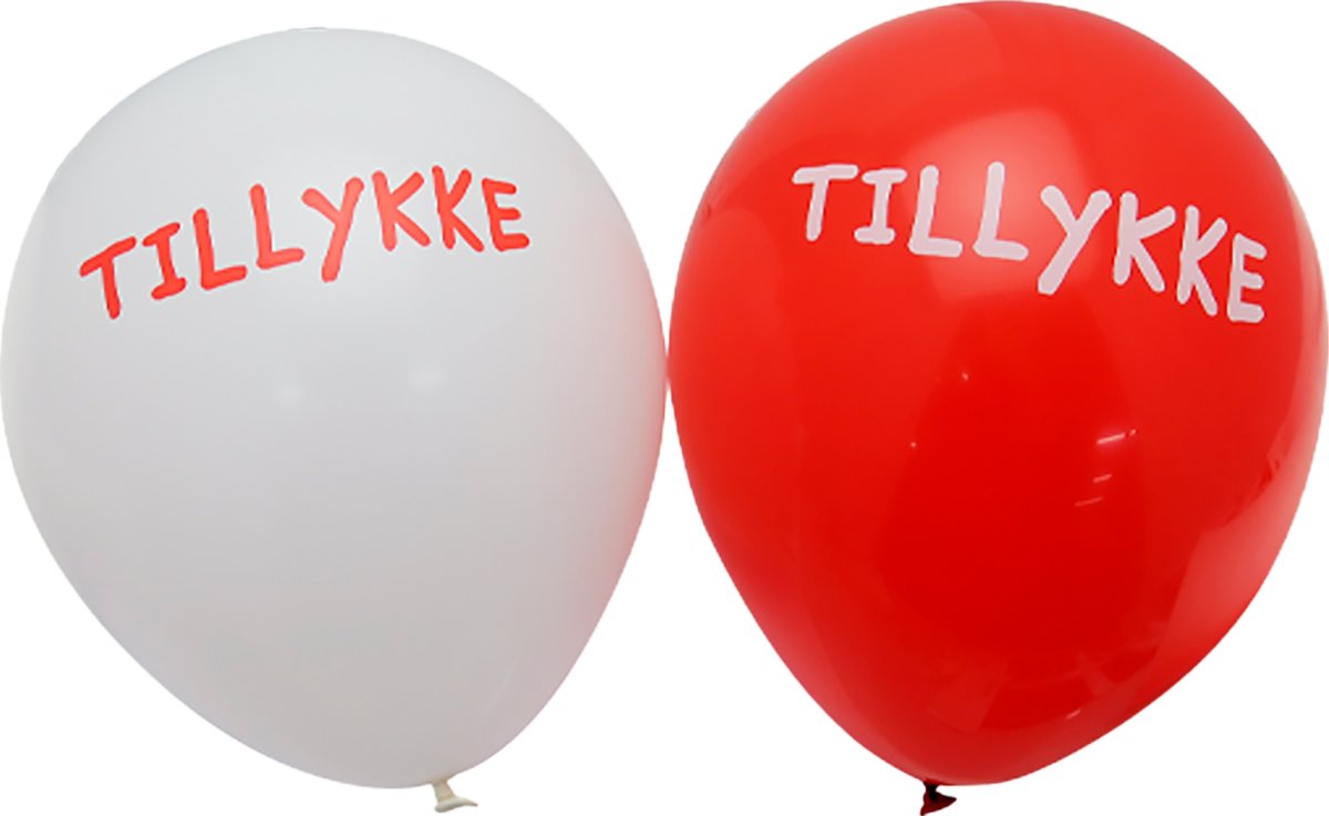 Ballon, tillykke, hvid/rød ass., 25 cm, 6 stk.
