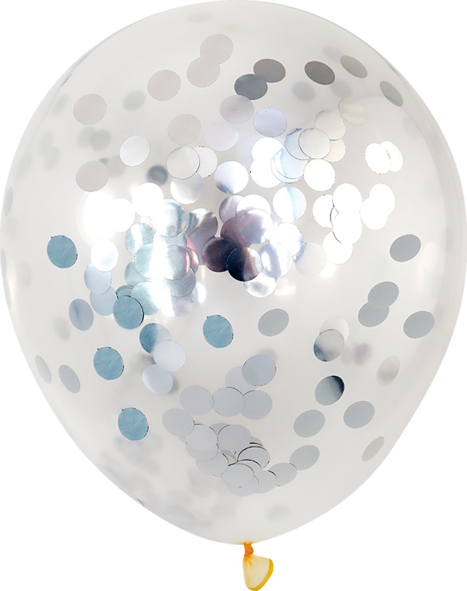 Ballon med konfetti, sølv, 30 cm, 5 stk.