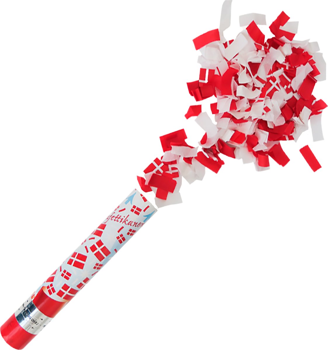 Konfettikanon, Flag og rød/hvid konfetti, 30x5 cm.