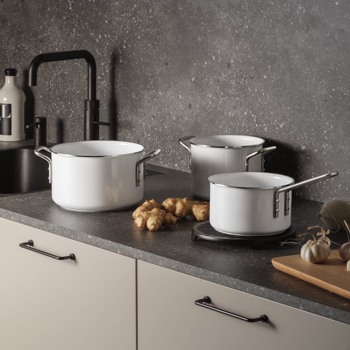 Eva Trio White Line Grydesæt, 3 dele