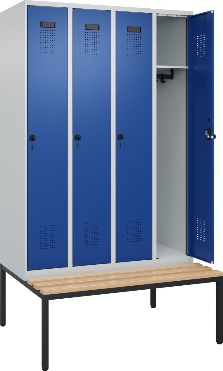 CP garderobeskab, 4x1 rum, Bænk, Hængelås, Grå/Blå