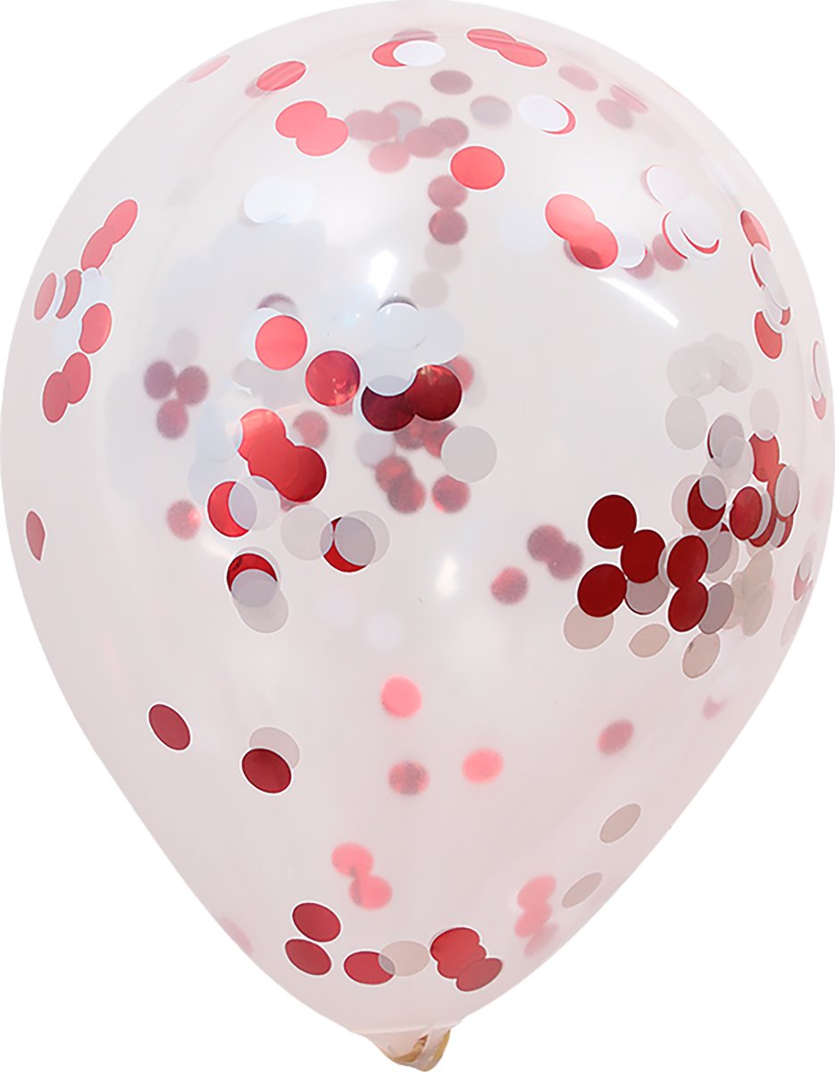 Ballon med konfetti, rød/hvid, 30 cm, 5 stk.