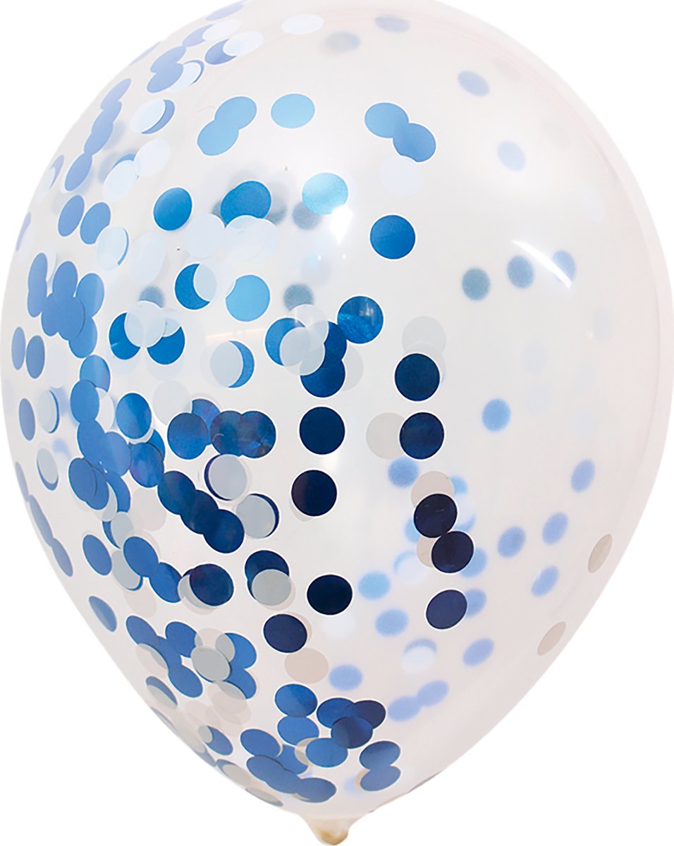Ballon med konfetti, blå/hvid, 30 cm, 5 stk.