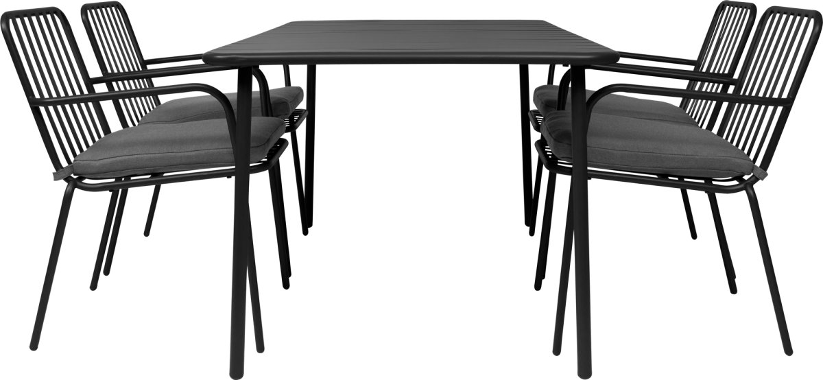 OUTDOOR Havemøbelsæt, bord m/4 stole+hynder, Sort