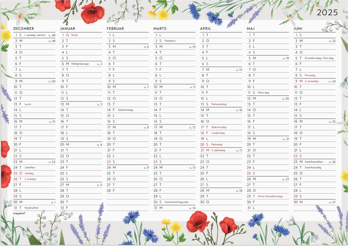 Mayland 2025 Vægkalender, blomster, A4