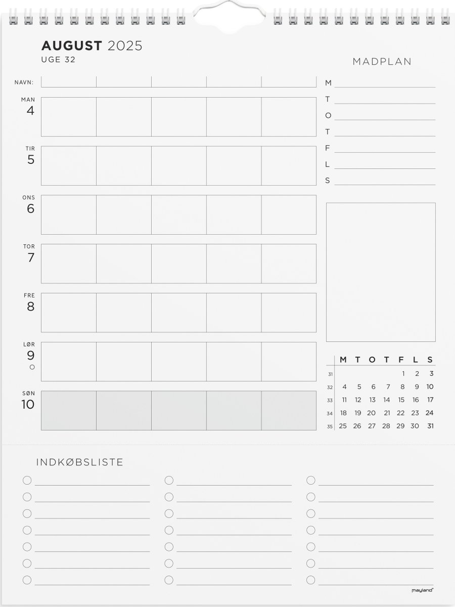 Mayland 2025 Familiekalender, ugeplan m. lister