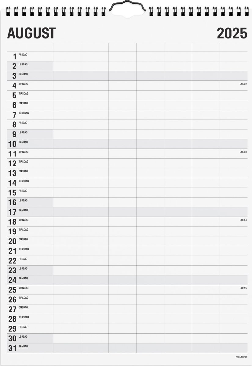 Mayland 2025 Black/White Familiekalender, 7 kol.