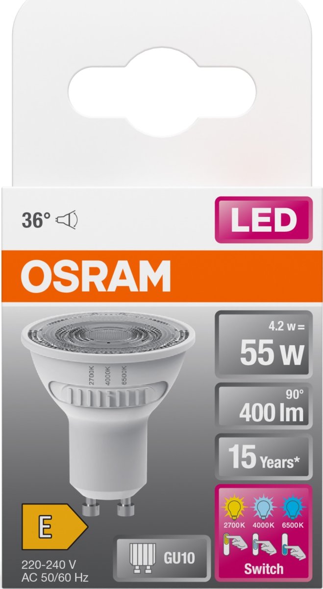 Osram LED Spotpære klar GU10, 4,2W=55W, dæmpbar
