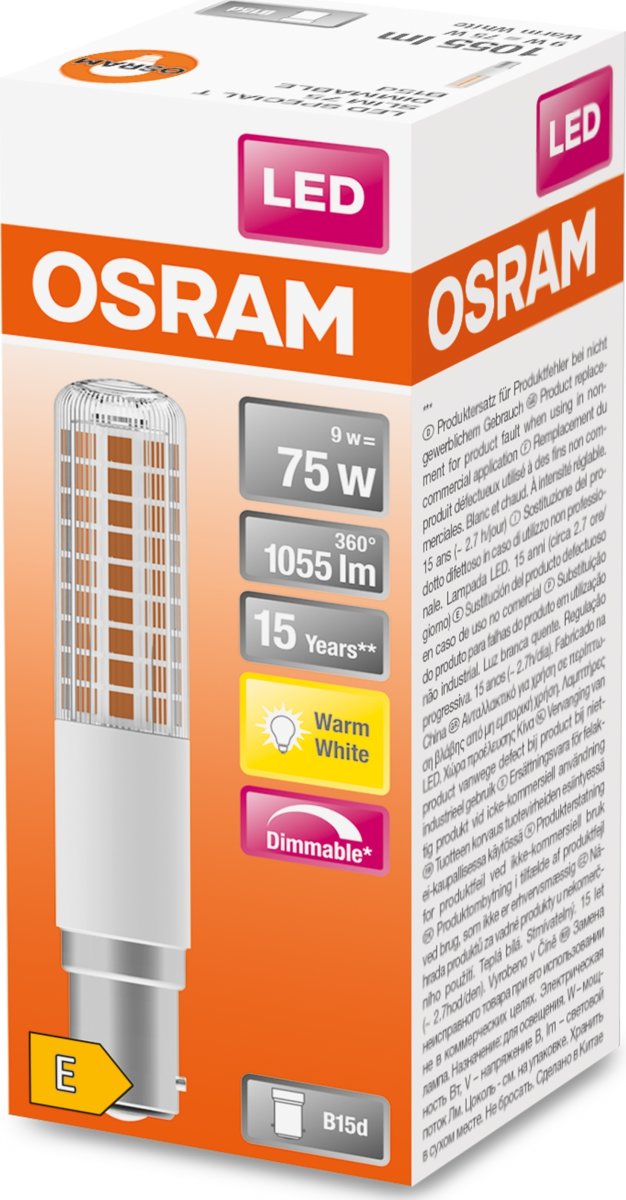 Osram T Slim LED Specialpære B15d, 9W=75W, dæmpbar