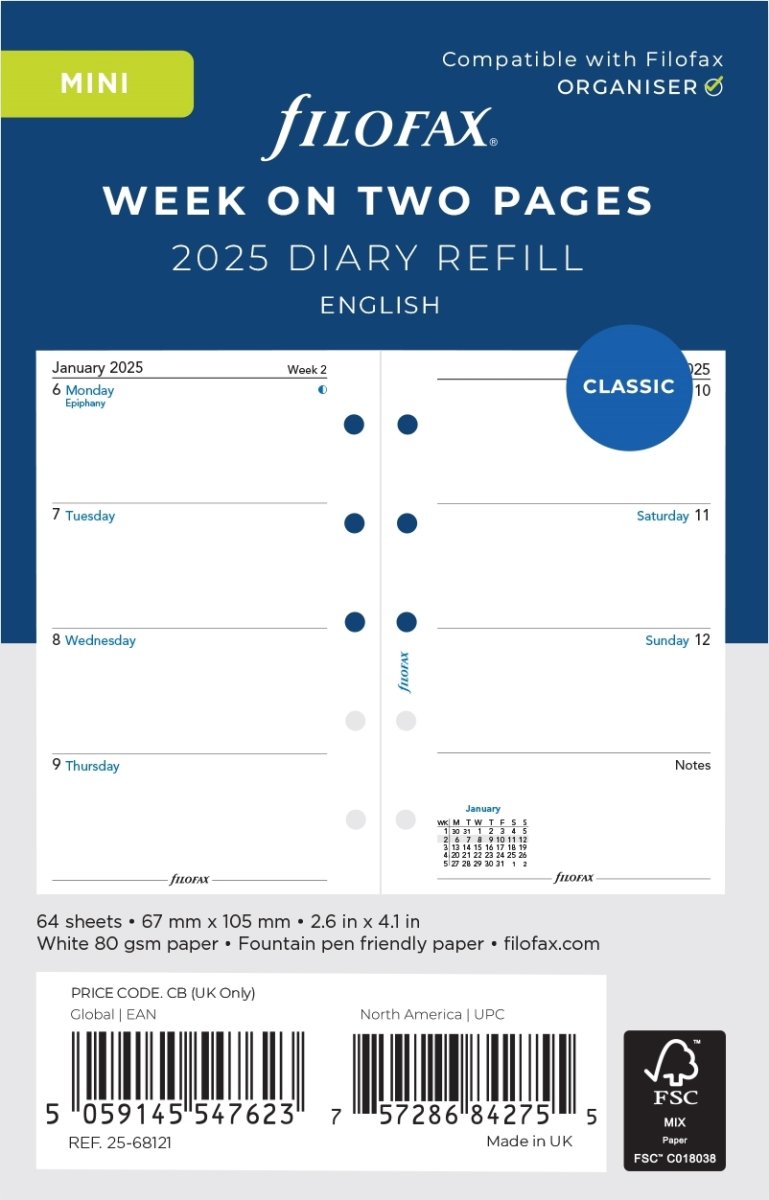 Filofax 2025 Refill | Mini | Uge | Engelsk