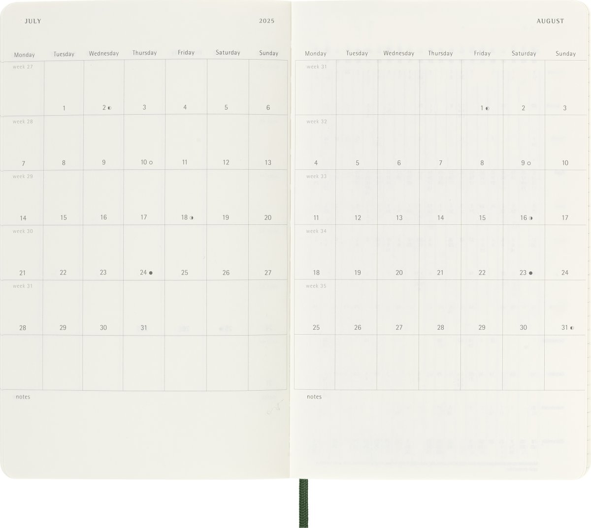 Moleskine 2025 Kalender | S | Uge | L | Grøn