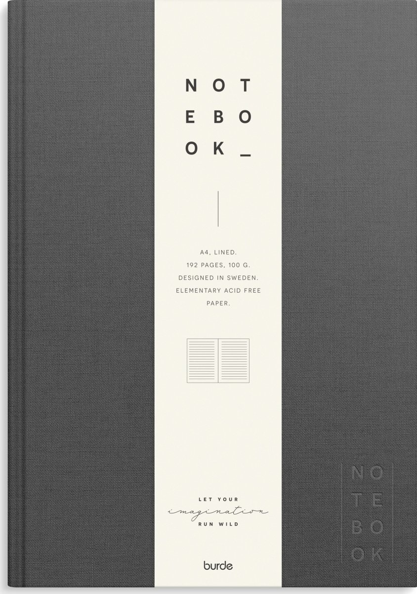 Burde Notesbog, tekstil, A4, linjeret, dark grey
