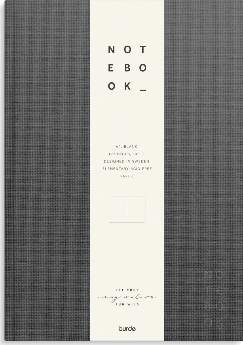 Burde Notesbog, tekstil, A4, blank, dark grey
