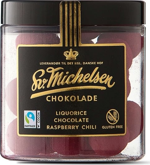 Sv. Michelsen Lakrids, hvid chok. hindbær/chili