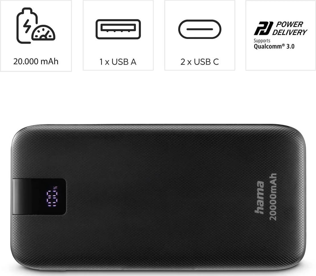 HAMA Powerbank PD 20000mAh, sort
