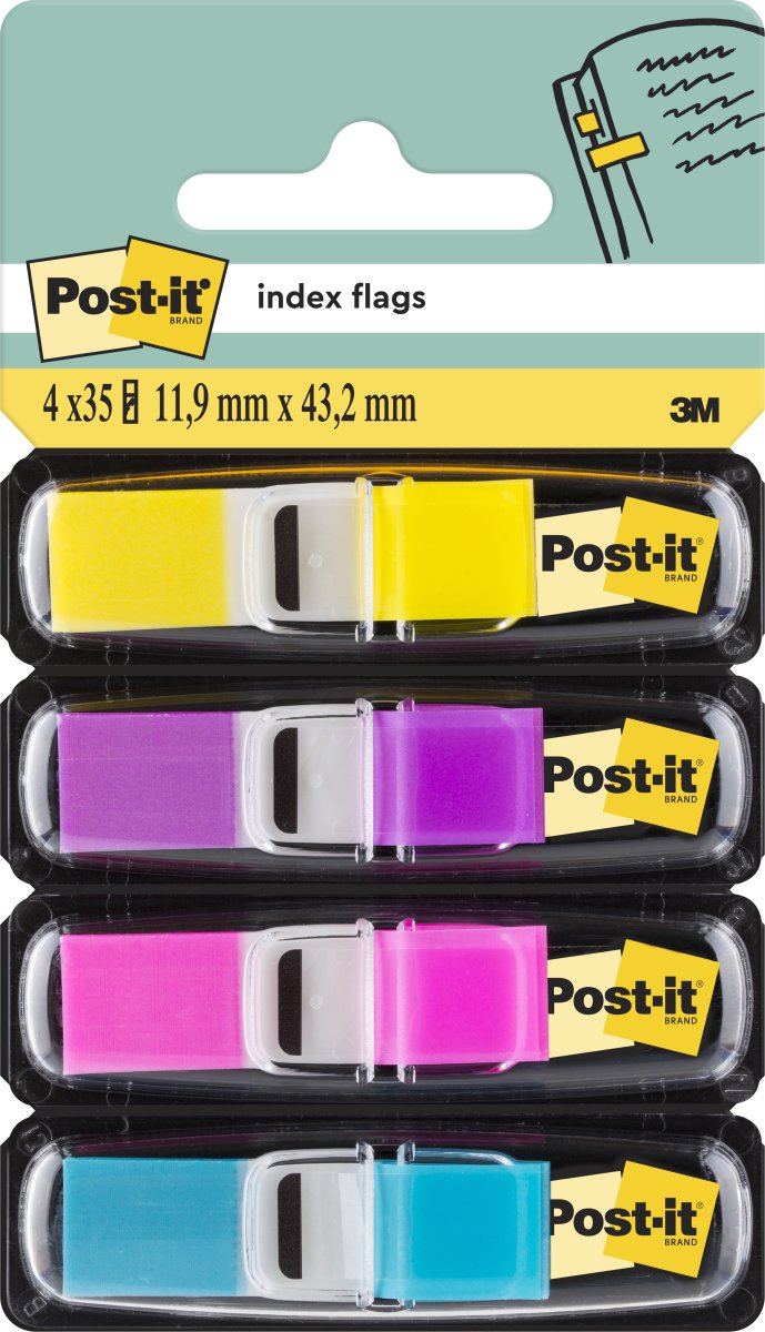Post-it Indexfaner | 12x43 mm | Gul/lilla/pink/blå