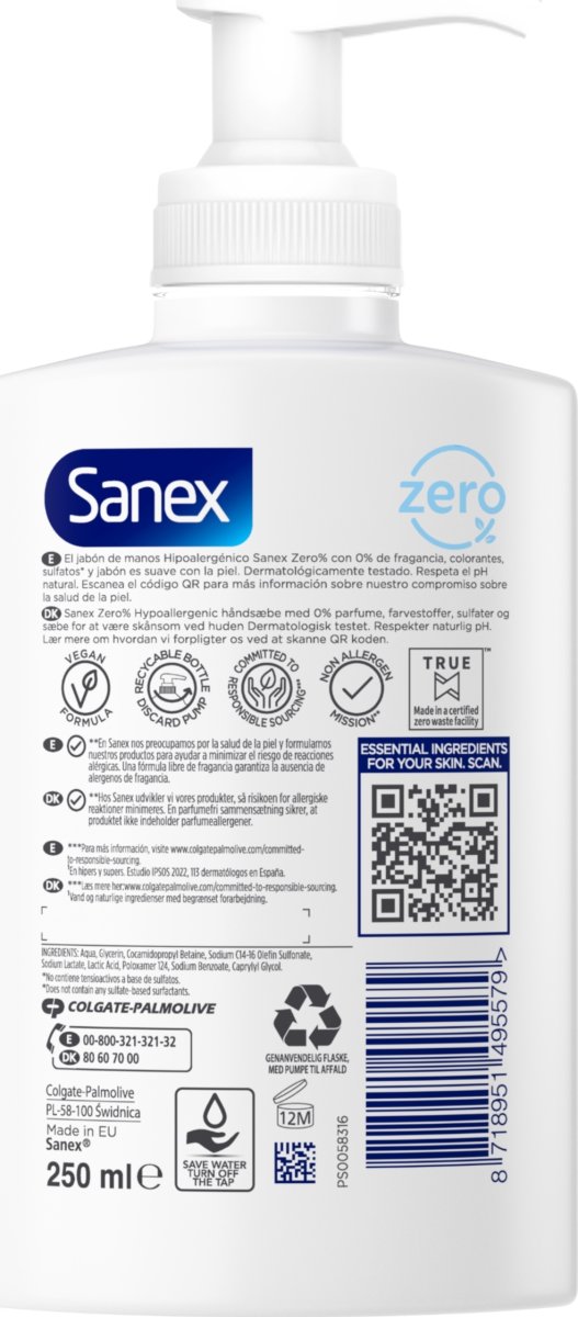 Sanex Håndsæbe | Zero% | 250 ml