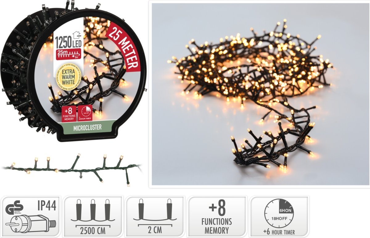 Lyskæde m/kabelrulle 1250 Mikro LED 25M, varm hvid