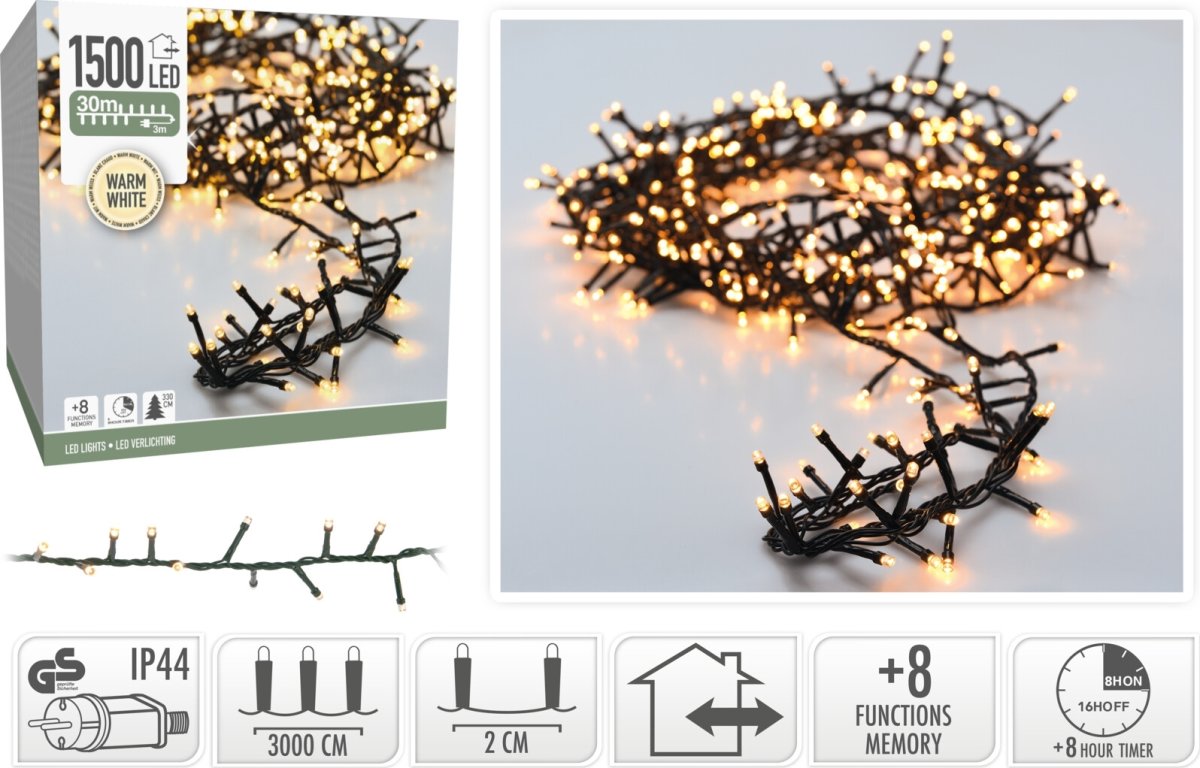 Cluster Lyskæde m/1500 Mikro LED, 30M, varm hvid