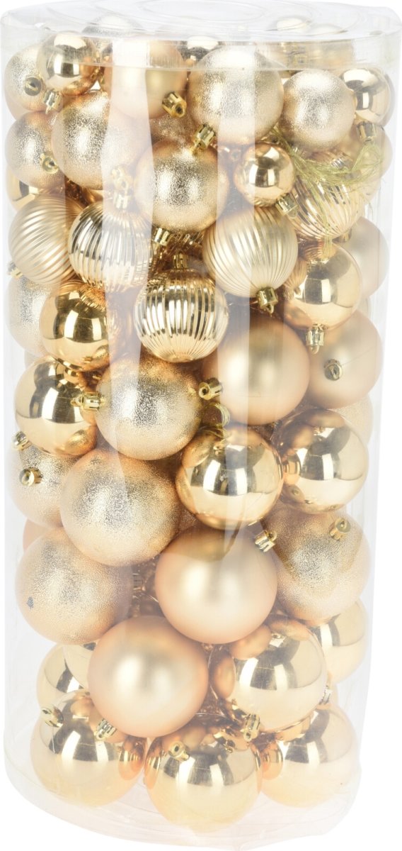Æske m/Julekugler, 100 stk, 5 størrelser, guld