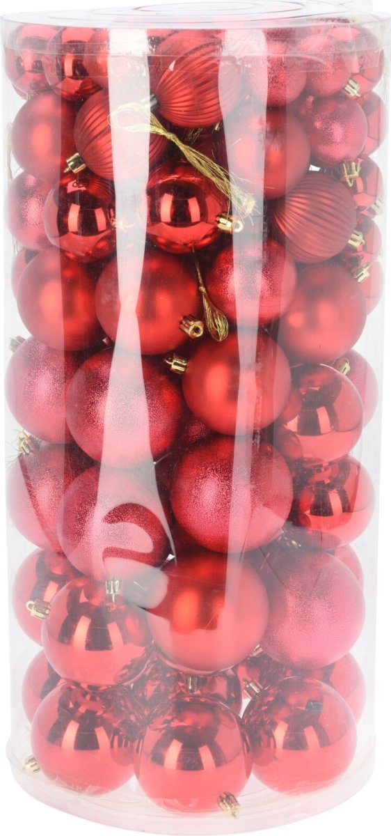Æske m/Julekugler, 100 stk, 5 størelser, rød
