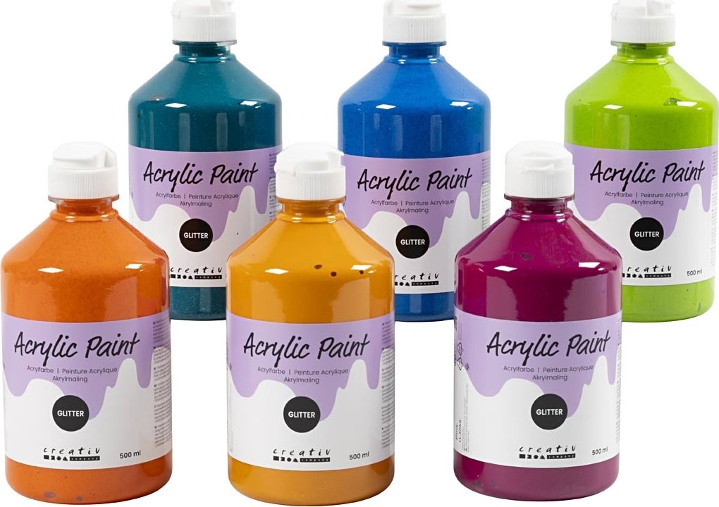 Akrylmaling | 6x500ml | Glitter | Ass.