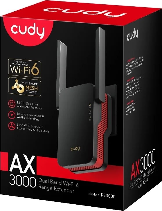 CUDY Wi-Fi Forlænger RE3000 AX3000 Mesh, sort