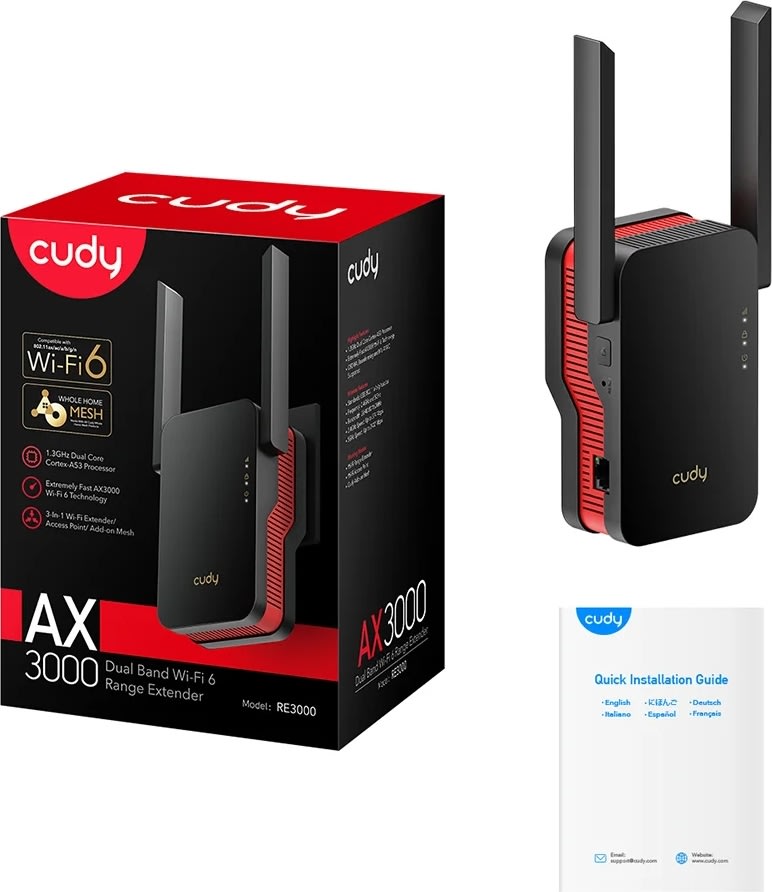 CUDY Wi-Fi Forlænger RE3000 AX3000 Mesh, sort