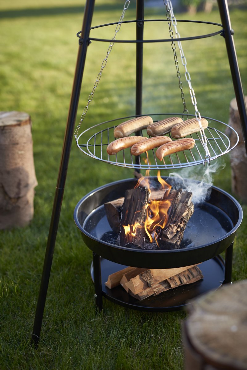 Dangrill tripod bålsted med bålfad og rist, sort