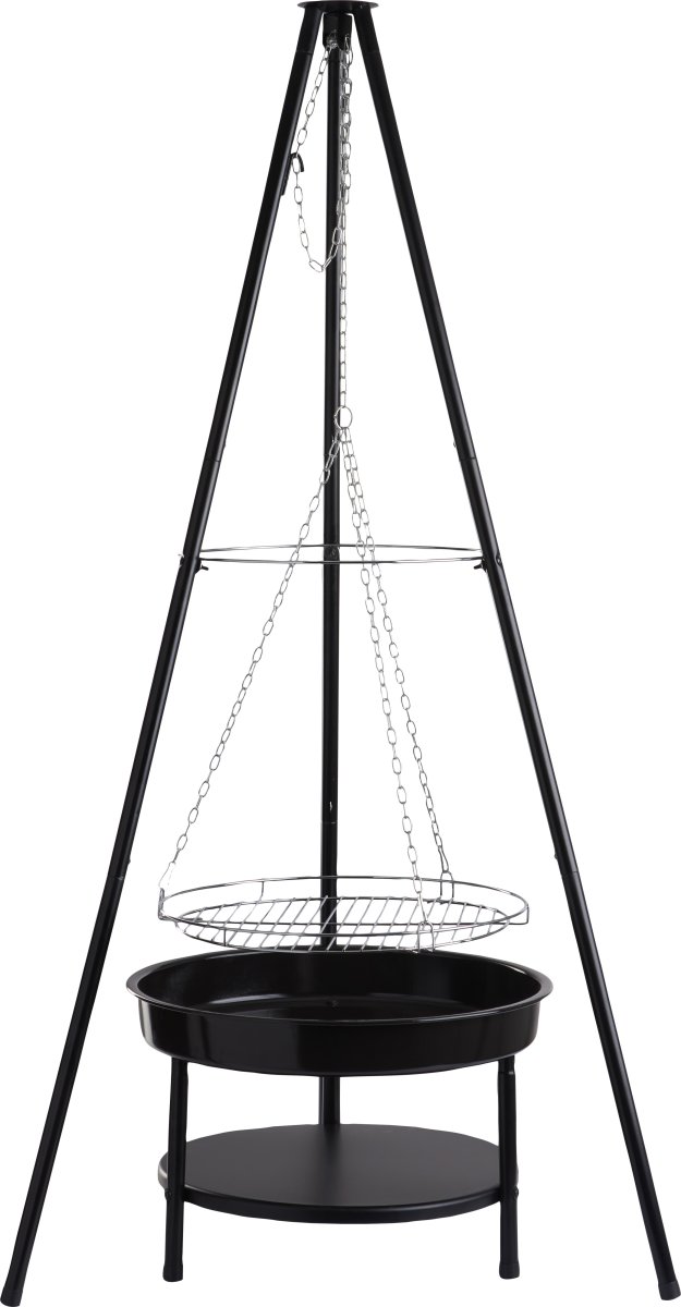 Dangrill tripod bålsted med bålfad og rist, sort