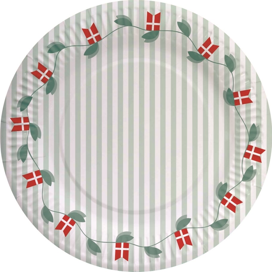 Engangstallerken, DK flag med blade, Ø18cm, 8 stk