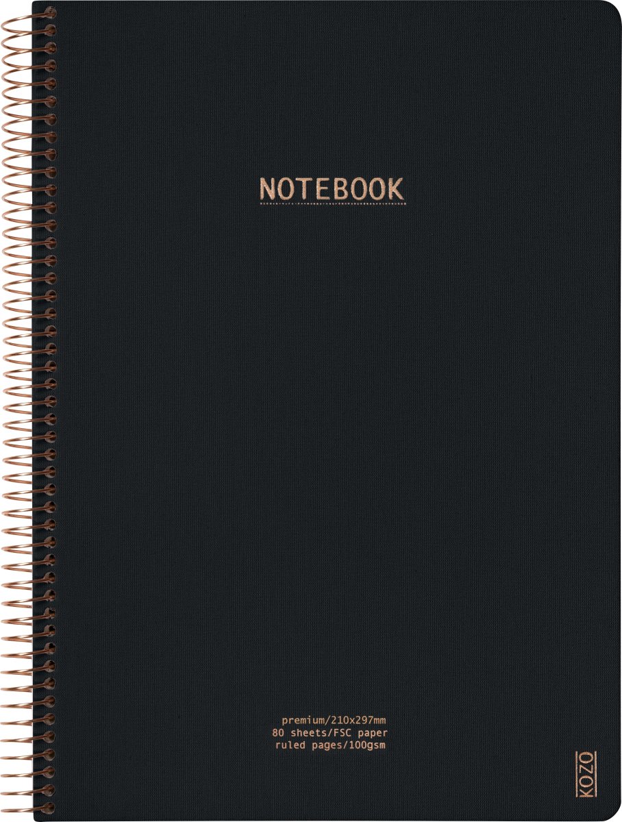 Kozo Premium Notesbog | A4 | Linjeret | Black