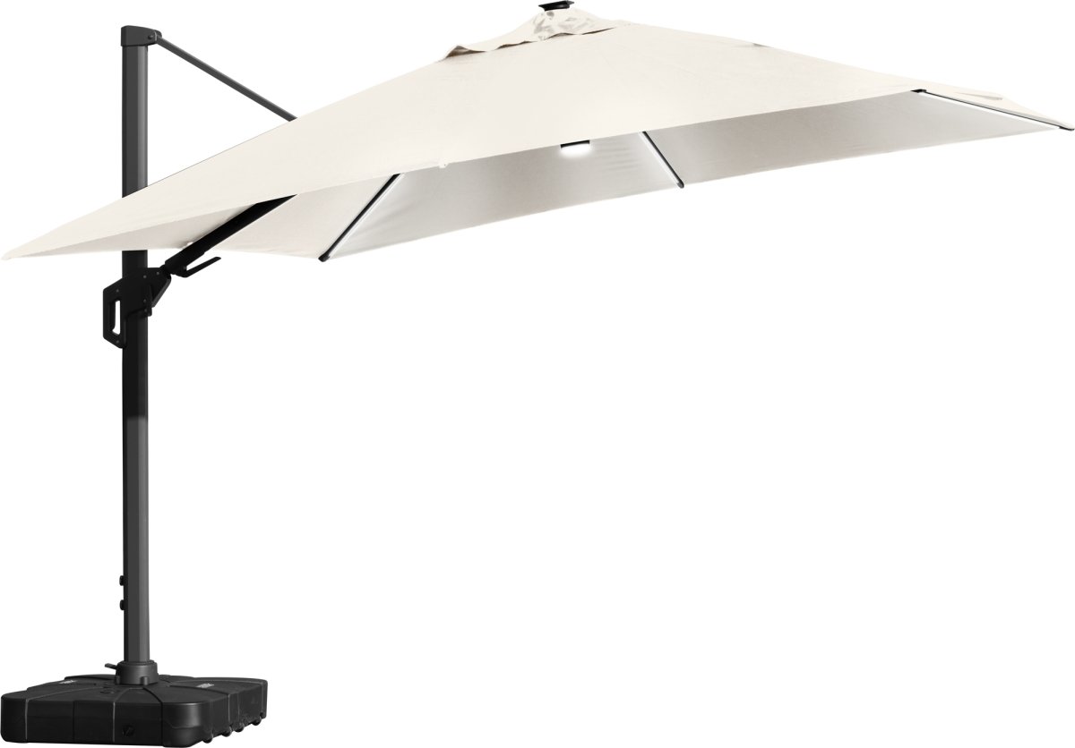 Hængeparasol 3,5x3,5m,fod,hjul,overtræk,LED,beige