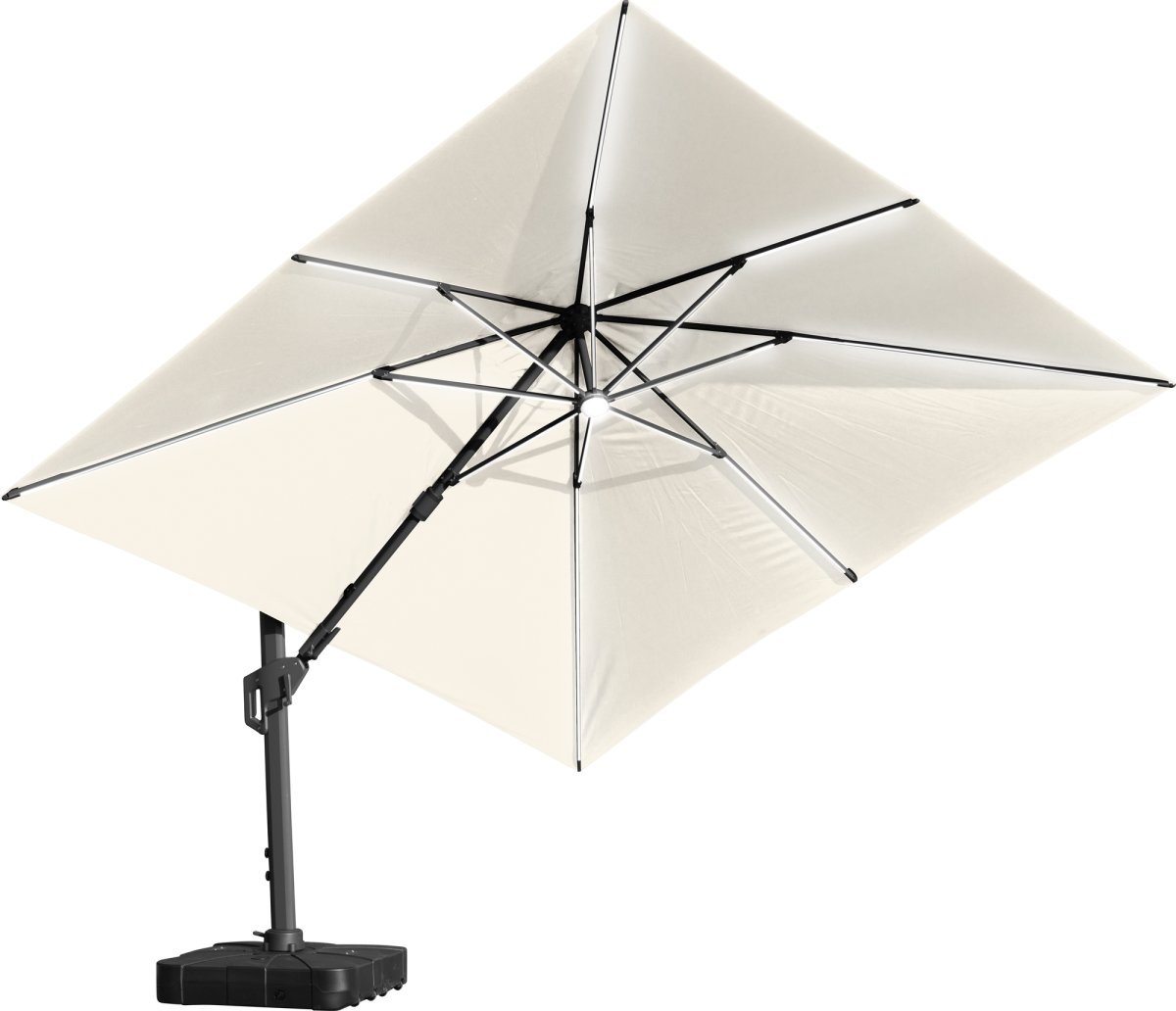 Hængeparasol 3,5x3,5m,fod,hjul,overtræk,LED,beige