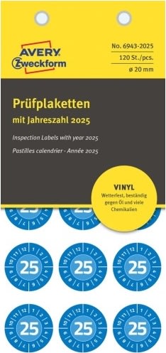 Avery Inspektionsdatoetiketter, Vinyl, blå, Ø20mm